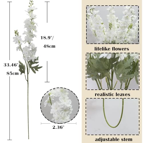 White Delphinium Artificial Flowers, 8PCS Fake White Flowers 33.46" Long Stem for Tall Vase Faux Delphinium Flowers for Wedding Centerpieces, Baby Shower Decorations, Home Table Decor - color: White