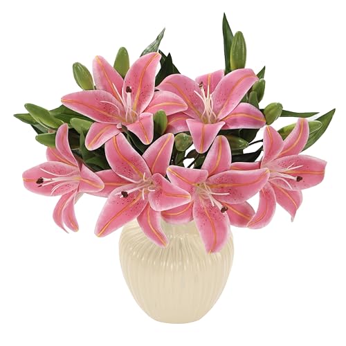 Kimura's Cabin 6Pcs Tiger Lily Artificial Flowers Real Touch Fake Lilies Flower with Stems Faux Plants Lilys for Easter Bouquet Wedding Floral Arrangements Home Table Centerpiece Decor(Rose Pink) - color: Rose Pink