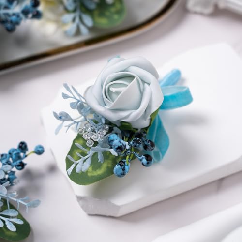 6Pcs Blue Artificial Foam Rose Men Boutonnieres for Wedding Prom | Blue Faux Foam Rose Boutonnieres for Wedding Prom Groom Groomsmen Party Homecoming Graduation Suit Decoration - color: 6pcs Blue-b Boutonniere