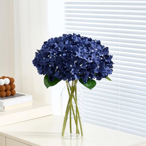 8Pcs Navy Blue Fake Flowers Silk Hydrangea Artificial Flowers Bouquets Faux Hydrangea Stems for Home Table Centerpieces Wedding Party Decoration - color: Navy Blue