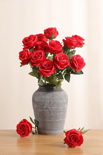 Luyue 10PCS Artificial Roses Flower with Stems Slik Fake Flowers Bouquet Realistic Long Stem Faux Rose for Valentines Day Wedding Home Decor - color: A-red