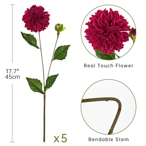 Hollyone Purple-Pink Dahlia Artificial Flowers 5Pcs Fake Dahlia Flowers for Decoration Silk Flower with Long Stem 17" Floral Arrangements Bouquets Indoors Outdoors Faux Dahlias Centerpieces Home Decor - color: Purple-pink