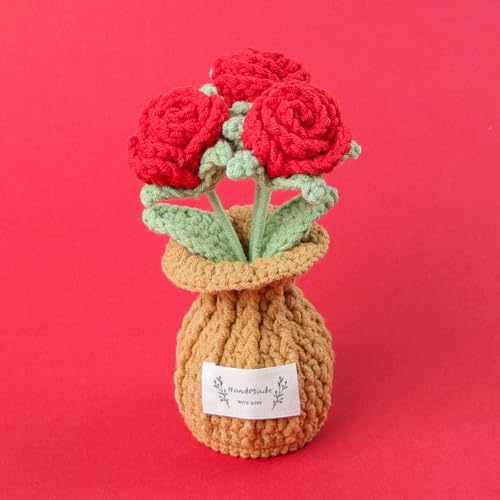 Rose Crochet Flower Plant, Small Cute Handmade Knitted Flowers with Vase, Small Crochet Potted Artificial Flower Plants for Desk Home Car Dashboard Office Decorations (Rose-Red) - color: Rose-red