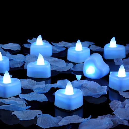 Amagic 1000 Pieces Light Blue Artificial Rose Petals with 12 Light Blue LED Tea Lights, Rose Petals and Candles Set for Proposal, Anniversary, Romantic Night, Wedding Decor - color: 12 Pcs Light Blue Candles + 1000 Pcs Light Blue Petals