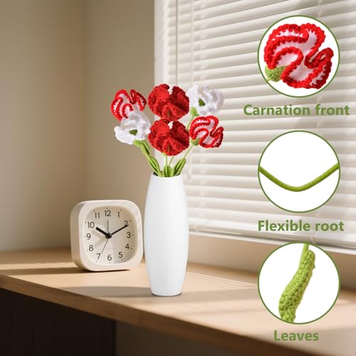 6Pcs Handmade Carnation Crochet Flower Bouquet, Completed Carnations Artificial Flower, Carnation Flower Wedding Bouquet (Red) - color: Red