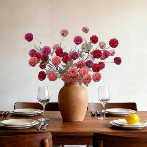 INQCMY Artificial Flowers 12 Pcs Fake Chrysanthemums Faux Kiku Flower Long Stem 20" Realistic Silk Pompon Mums for Vase Wedding Bouquets Centerpieces Home Decor (Deep Orange Red Coffee Deep Purple) - color: Deep Orange Red Coffee Deep Purple