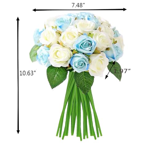 Jasion Artificial Roses Flowers 12 Heads Arrangement Silk Bouquet for Home Office Parties Bridal and Wedding Decoration (Blue and White) - color: Blue and White