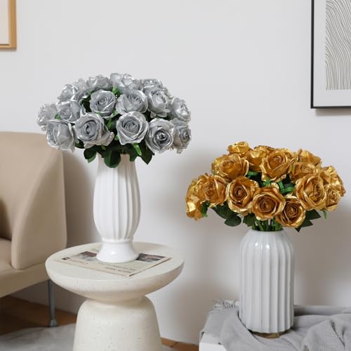 Tifuly Roses Artificial Flowers - 12 pcs Realistic Long Stems Fake Roses Mashup Style Silk Flowers for DIY Bouquets Wedding Centerpieces Arrangements Home Party Decor（Gold & Sliver） - color: Gold & Silver
