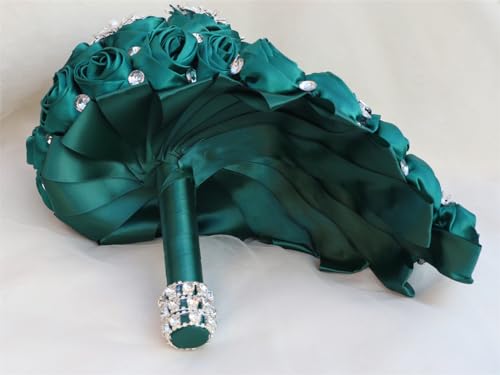 Luxury Cascade Bridal Wedding Bouquet Satin Rose Waterfall Holding Bouquet Artificial Flower Bunch for Bride Bridesmaid(Dark Green, 15" x 7.5") - color: Dark Green #1, size: 15"L x 7.5"W(38cm x 19cm)