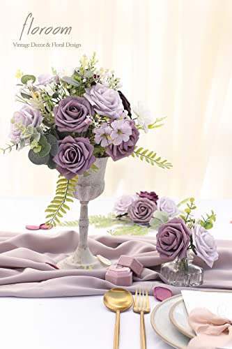 Floroom Artificial Flowers 25pcs Real Looking Plum Ombre Colors Foam Fake Roses with Stems for DIY Wedding Bouquets Bridal Shower Floral Centerpieces Party Tables Home Decorations - color: Shades of Plum