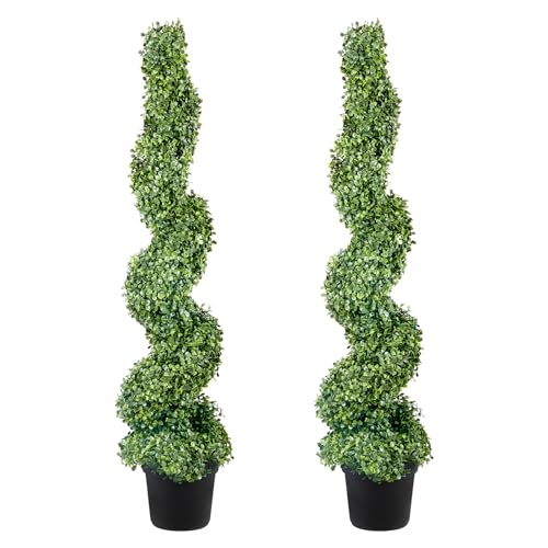 VEVOR Artificial Boxwood Spiral Topiary Trees, 4ft Tall (2 Pieces) Faux Plant Outdoor, All-Year Green Fake Plant with Replaceable Leaves for Decorative/Indoor/Porch/Garden - size: 4ft