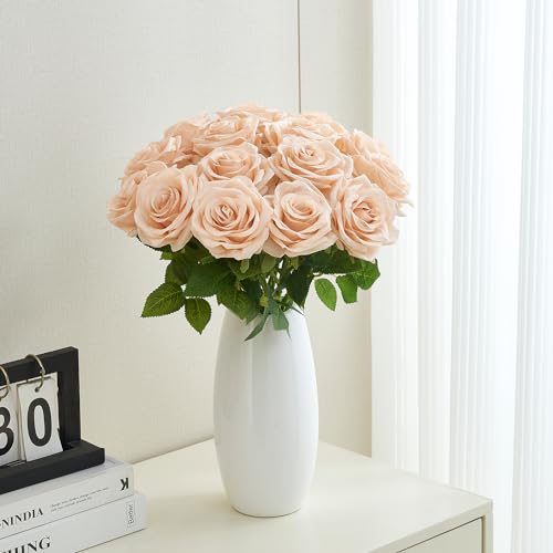 15pcs Fake Roses Artificial Silk Flowers Faux Rose Flower Long Stems Bouquet for Arrangement Wedding Centerpiece Party Home Kitchen Decor - color: 15pcs Champagne Pink
