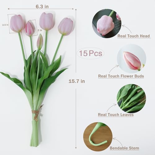 mizii 15Pcs Pink Tulips Artificial Flowers Latex Plastic Real Touch Fake Tulips Flowers Look Real Faux Tulip Flower Bouquet Decoration for Vase Room Table Centerpieces Home Decor (Light Pink) - color: Light Pink