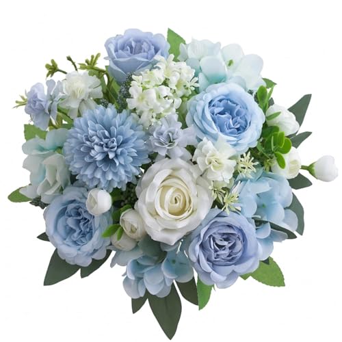 4 Pcs Mixed Artificial Peony Flowers Set-2 Bouquets & 2 Stems, Blue Fake Peony Rose Hydrangea Flowers for Vase Silk Floral Arrangements for Table Centerpiece Wedding Party Bridal Decoration Home Decor - color: Blue, size: Mixed 4pcs