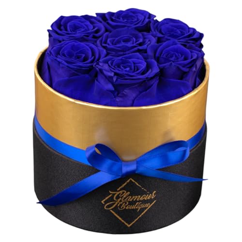 GLAMOUR BOUTIQUE Eternal Preserved Roses in a Box, Flowers Forever, Rose Forever in a Box for Wife or Her, Lasting Real Flower Gift, Elegant Luxury Floral Home Decor, 7 Roses, Blue (Color-Treated) - color: Blue, size: 7 Roses