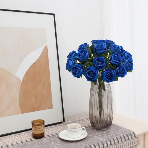 Blue Fake Roses Artificial Flowers - 10 Pcs Fake Artificial Roses Silk Flowers with Stems for Home Wedding Hotel Office Centerpiece Decor - color: Blue, size: 10 Pcs