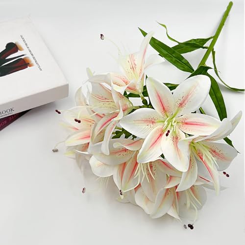 Daily Treasures 2Pack Artificial Lily Flowers, Faux Tiger Lily Bouquets with 10 Heads per Stem (2 Stems, 20 Heads Total), Pink White Blooms, 17.7in Silk Lilies for Home Hotel Decor