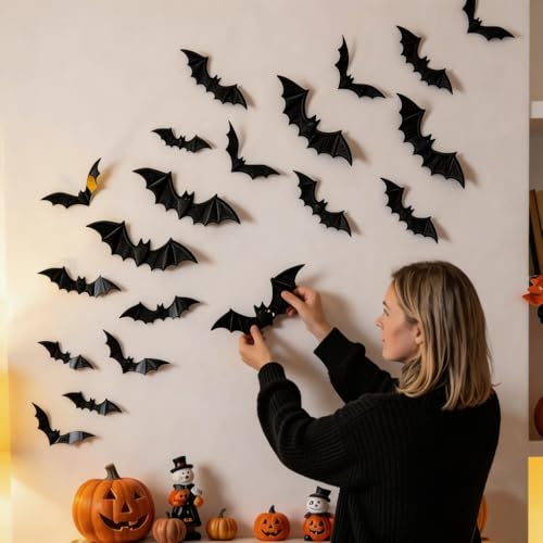 Halloween Decorations, Bats Wall Decor, 4 Size Waterproof Black Spooky Bats for Room Decals, 120 Pcs 3D Bat Stickers for Home Decor