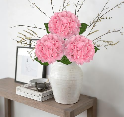 Hollyone 3Pcs Pink Hydrangea Artificial Flowers Real Touch Faux Silk Hydrangeas Flowers with Stem Fake Florals Flower for Home Wedding Table Centerpiece Vase Arrangements Decoration - color: Pink
