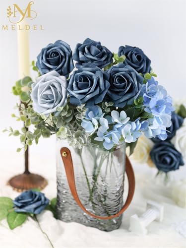 Artificial Flowers 50 Pack Dutch Blue Faux Foam Roses with Stems, Real Looking Fake Rose for DIY Wedding Bouquets, Bridal Shower Centerpieces, Party Table Decorations, Home Decor - color: Dutch Blue & Dusty Blue, size: 50Pcs