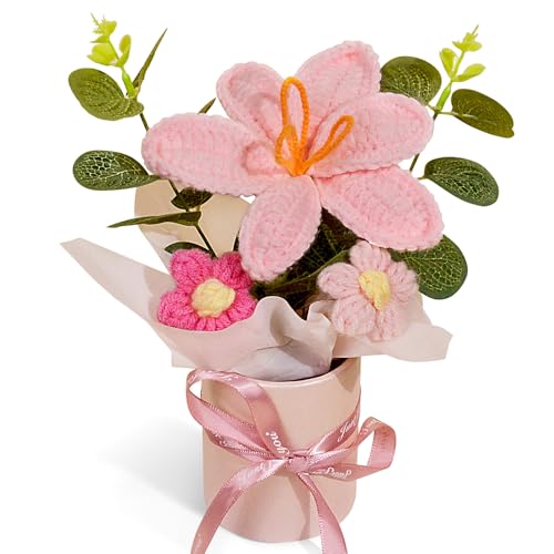 Handmade Crochet Tulip Flower Bouquet in Pot, Knitted Pink Tulip for Mother's Day Birthday Wedding Christmas, DIY Décor for Car Office Desk & Home Décor, Perfect for Mom Wife Girlfriend Lover (Pink) - color: Pink