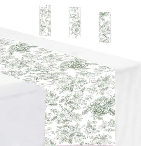 3 PCS Sage Green Floral Table Runner 14 x 108 Plastic Flower Table Runner for Party Birthday Baby Shower Bridal Shower Wedding Disposable Table Runners - color: Green Floral Table Runner, size: 3 PCS