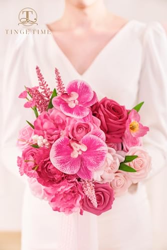 TINGE TIME 9 Inch Artificial Bridal Bouquet, Cascading Wedding Bouquet for Wedding Ceremony and Anniversary (Hot Pink) - color: Hot Pink