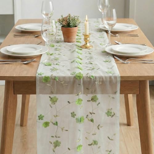Artoid Mode Green 3D Flower Gauze Embroidery Table Runner 120 Inch 10FT, Tulle Seasonal Spring Kitchen Dining Holiday Table Decor for Home Party - color: White-green