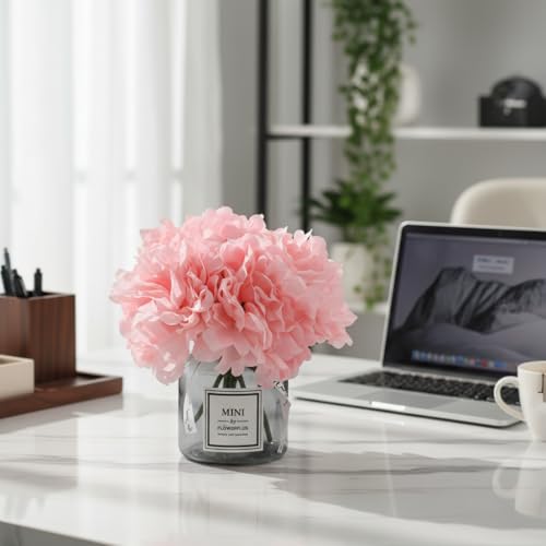 Artificial Pink Peony Flowers in Vase,Wedding Table Centerpiece Home Decor | Realistic Silk Faux Peonies with Small Glass Vase, Fake Flower Table Centerpiece for Bedroom Cafe Wedding Indoor Decoration - color: Pink Peony