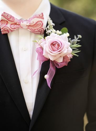 Pink Corsage and Boutonniere Set, Corsage Wristlet for Women and Boutonniere for Wedding Prom Homecoming, Artificial Rose Flowers Boutonniere and Wrist Corsage - color: Pink