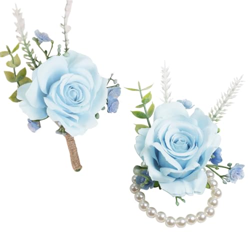 Alizeal 2Pcs of Wrist Corsage and Boutonniere Set, Artificial Flowers Accessories Suit Decor for Wedding Prom Party Homecoming Ceremony, Blue - color: 701-blue
