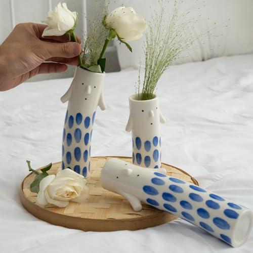 MOUGIGI Cute Family Face Vases Set of 3 - Unique Ceramic Bud Vases for Small Flower - Fun Modern Aesthetic Decor for Home - Pretty Decorative Flower Holder for Women and Kids for Spring - color: Family Vase Blue-3pcs