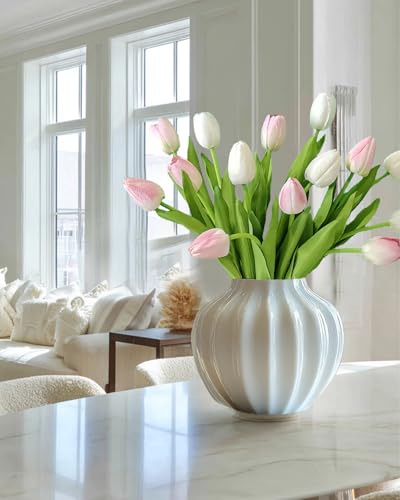 12pcs Tulips Artificial Flowers Real Touch Silk Faux Flowers Tulip Stems for Wedding Spring Bouquet Floral Arrangement Home Party Office Decorations (White & Pink) - color: White & Pink
