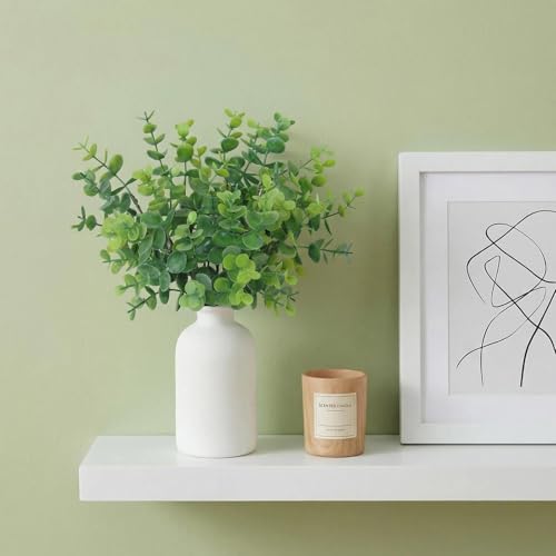 12" Artificial Sage Eucalyptus Stems Potted Plant - Realistic Small Fake Desk Plants for Office Home Decor, Faux Plants in Frosted Ceramic Vase for Indoor Spaces, Table Decor（7 pcs） - color: Sage Green Eucalyptus