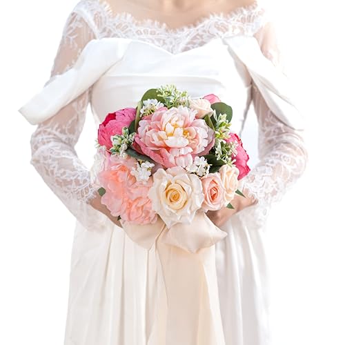 10 Inch Blush Wedding Bouquet for Bride,Spring Wedding Bouquet,Bridal Bouquets for Bride, for Wedding Ceremony Anniversary,Party and French Rustic Vintage Wedding,Artificial Flowers - color: Blush Pink