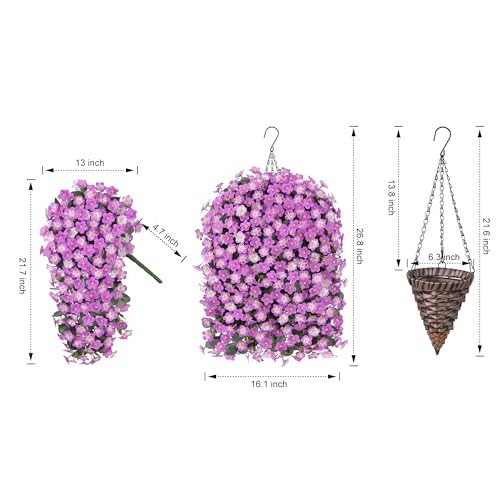 Artificial Hanging Daisy Flowers Plants Baskets for Outdoor Decoration, Fake Silk Light Fuchsia Mums Orchid Trailing Vines in Planter Realistic UV Resistant for Balcony Porch Decor - color: Fuchsia and Light Fuchsia