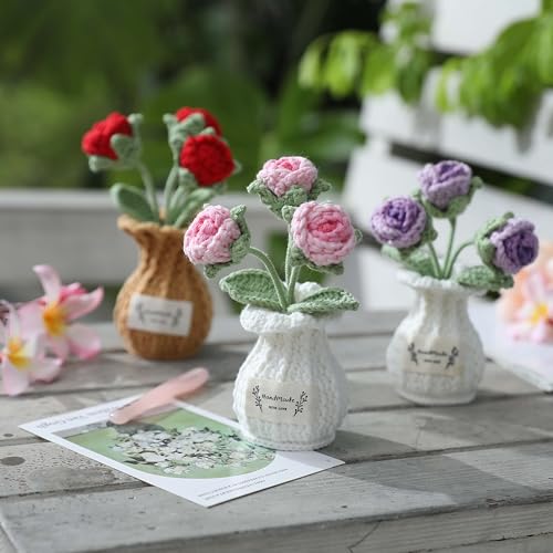 Crochet Rose Flower Potted Plant – Pink, for Her, Handmade Knitted Romantic Desk Decor - color: D-rose-pink