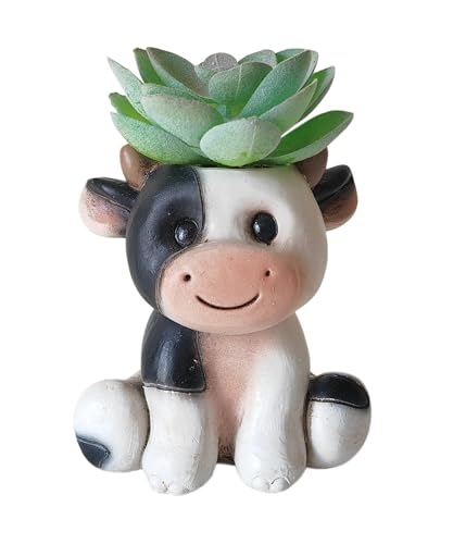 Succulents Plants Artificial, Mini Fake Succulents in Resin Cartoon Animal Dairy Cow Pot for Desk Livingroom Home Decoration Office Decor