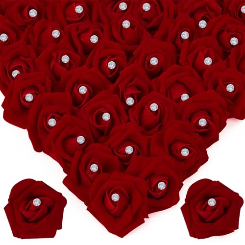 100Pcs Real Looking Burgundy with Diamonds Artificial Rose Flower Heads, Foam Fake Roses for DIY Wedding Decorations Baby Shower Centerpieces Home Party Valentine's Day Mother's Day Decor - color: 100pcs Burgundy With Diamonds