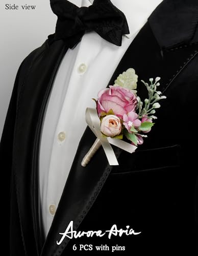 AuroraAria Dusty Rose Boutonniere for Men,Set of 6,Groom Boutonniere for Wedding,Anniversary,Homecoming,Formal Dinner Party,Wedding Decor,Artificial Dusty Rose Rose - color: Dusty Rose