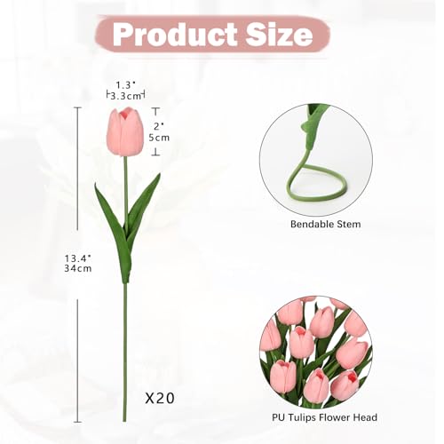 20 Pcs Baby Pink Tulips Artificial Flowers Real Touch Fake Tulips Fake Flowers for Mother's Day 13.5" Faux Tulips Faux Flowers Bulk Artificial Tulips Flowers for Vase Centerpieces Home Wedding Bouquet - color: Baby Pink #20