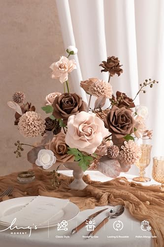 Ling's moment Artificial Wedding Flowers Combo, Fake Greenery for DIY Bouquets Centerpieces Decorations Foam Rose Ranunculus with Stems for Party Home Decor, Earth Brown & Sand Beige, Deluxe Combo - color: Earth Brown & Sand Beige, size: Deluxe