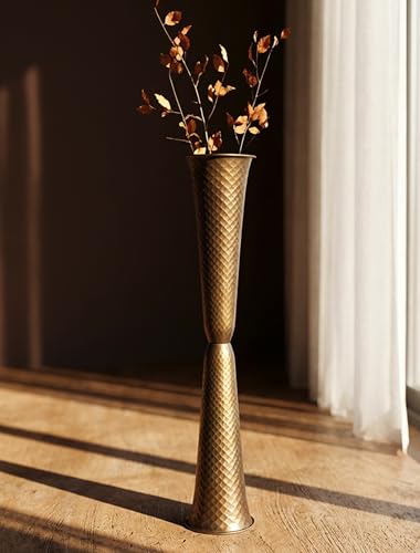 Sziqiqi Gold Tall Floor Vase: 29.5in Bronze Metal Large Vase with Grid Texture - Decorative Floor Vases for Fireplace Living Room Modern Big Standing Holder for Dining Bedroom Home Decor Corner - color: Gold