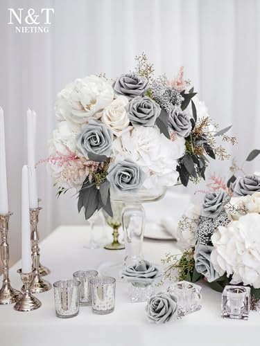 N&T NIETING Artificial Rose,25pcs Real Touch Fake Flowers Rose with Stems for DIY Wedding Bridesmaid Bridal Bouquets Centerpieces Home Arrangement Cake Decoration Home Display,Gray - color: Grey, size: 25pcs