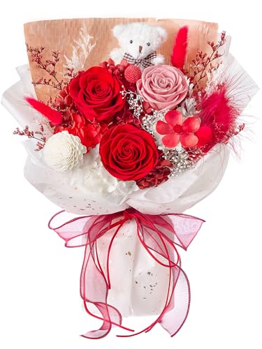 Polylove Forever Flower Bouquet Flowers for Delivery Prime Preserved Roses with Bear Gift Box for Wife Women Mother Day Anniversary Birthday (Red) - color: Red