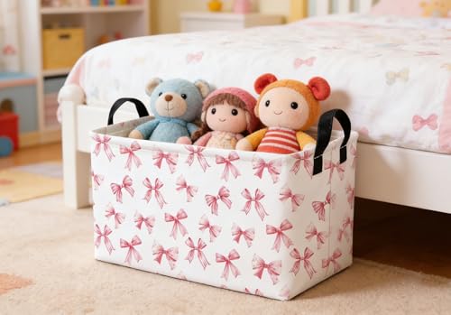 Essme Rectangular Pink Baskets,Girls Storage Box,Cute Basket for Kids with Handles for Room Decor, Book Bins,Shelf Basket.(Pink Bowknot) - color: Pink Bowknot