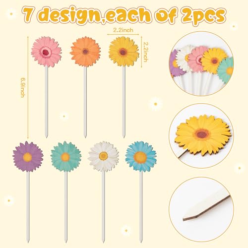 TICIAGA Spring Sunflower Wooden Picks - 14PCS Summer Daisy Wooden Decorative Pick for Home Vase Filler Colorful Flower Floral Picks for Flower Arrangements Spring Theme Farmhouse Decorations for Home - color: Sunflower