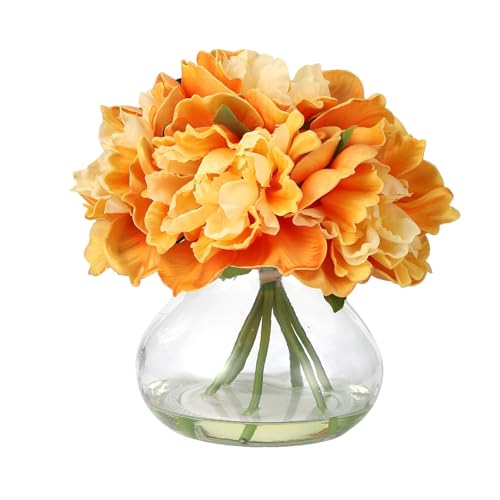 Orange Peony Bouquet in Glass Vase - 6 Piece Artificial Flower Arrangement with Faux Water for Wedding & Home Centerpieces - color: Peony Flowers, size: Orange