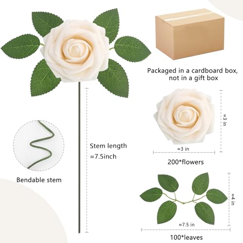 200PCS Champagne Realistic Roses - Artificial Latex Foam Flowers with Bendable Stems & 100PCS Leaves for Wedding, Home and Party DIY Decor - color: Champagne, size: 200