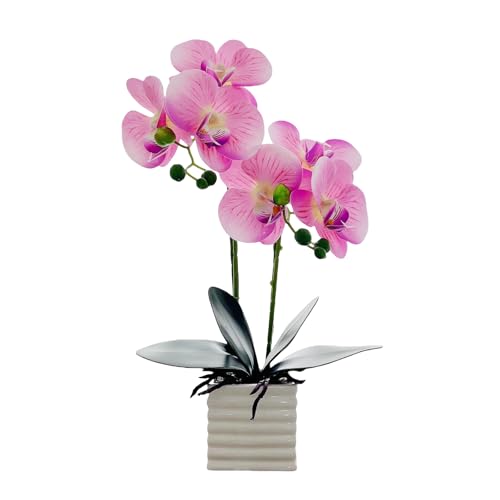 Artificial Pink Orchid Plant with White Vase, 14 Inches Tall, Realistic Orchid Artificial Flowers for Home Decor - color: Pink